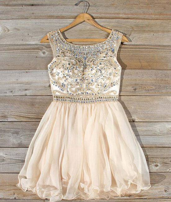 Cute round neck bead apricot short prom dress, homecoming dress - RongMoon