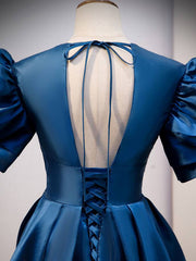 Blue v neck satin long prom dress blue satin evening dress - RongMoon