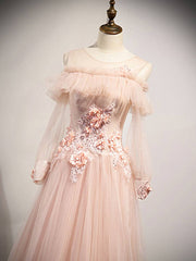 Pink round neck tulle lace long prom dress, pink lace bridesmaid dress - RongMoon