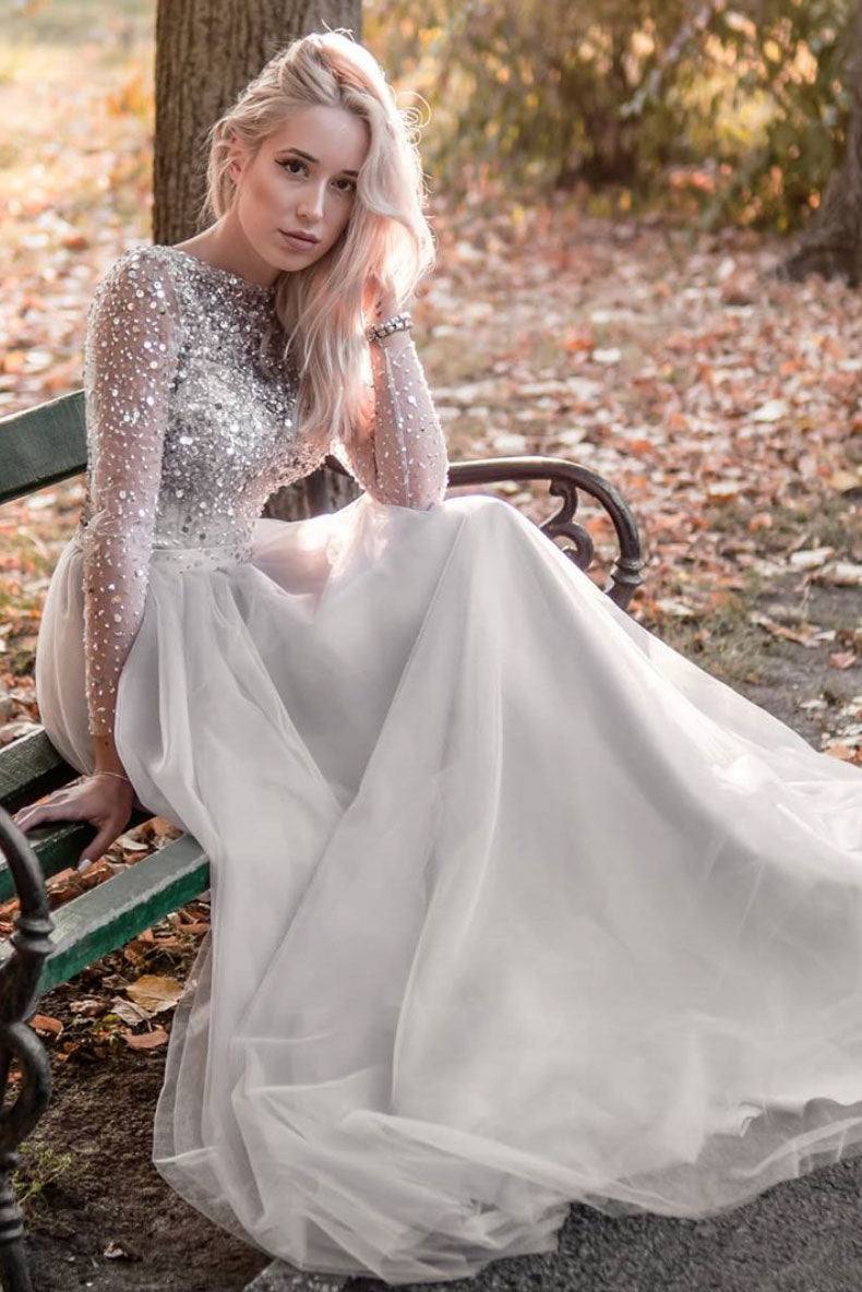 Gray tulle sequin beads long prom dress gray tulle formal dress - RongMoon
