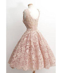 Cute light pink lace short prom dress, lace bridesmaid dress - RongMoon