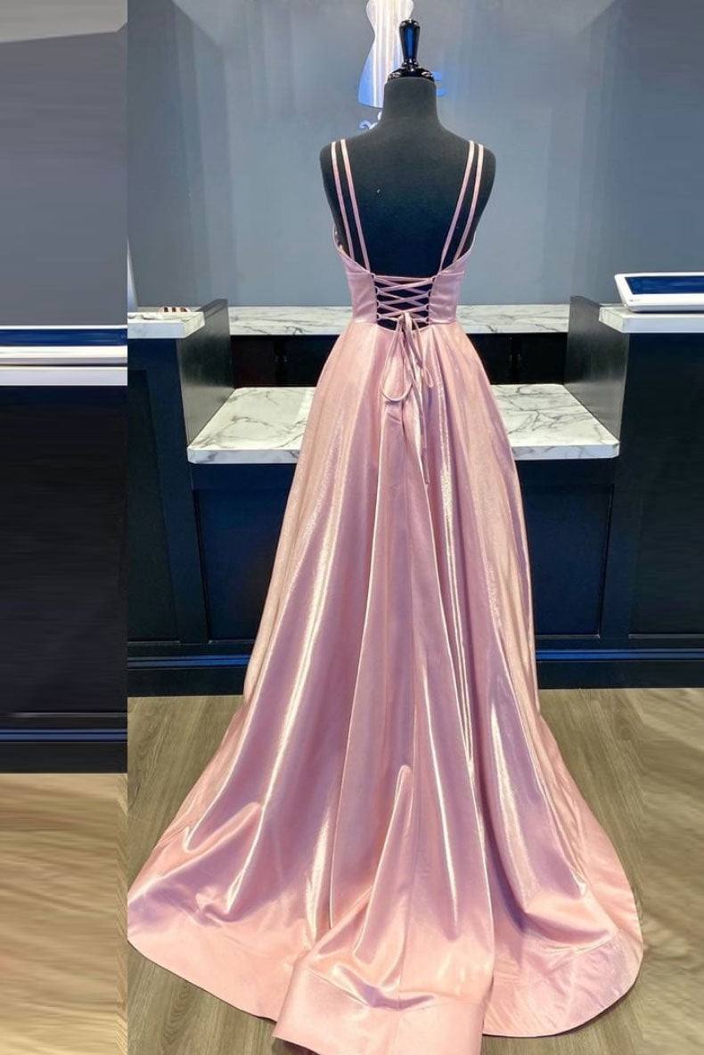 Simple v neck pink satin long prom dress pink formal dress - RongMoon