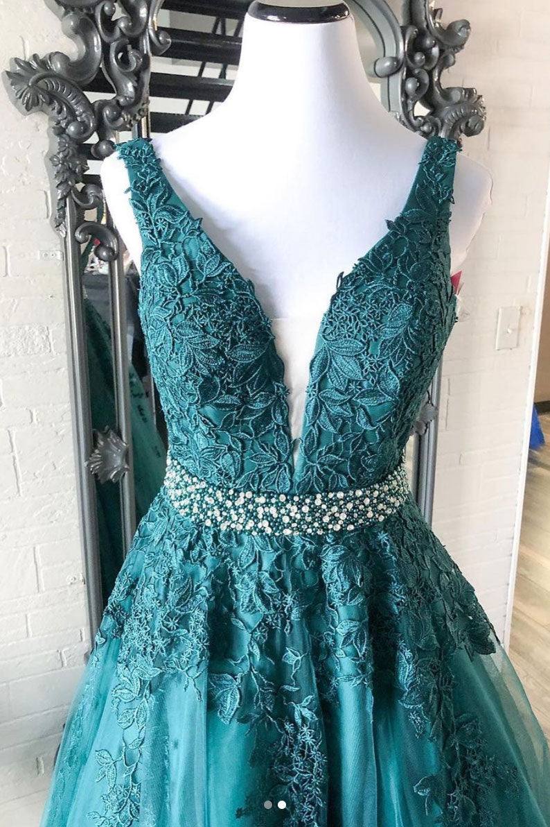 Green v neck tulle lace long prom dress, green formal dress - RongMoon