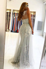 Gray one shoulder lace tulle long prom dress gray evening dress - RongMoon