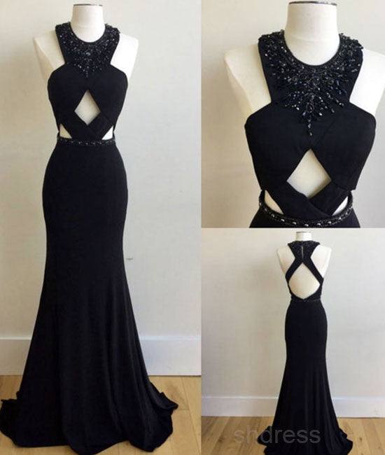 Unique black mermaid long prom dress, black formal dress for teens - RongMoon