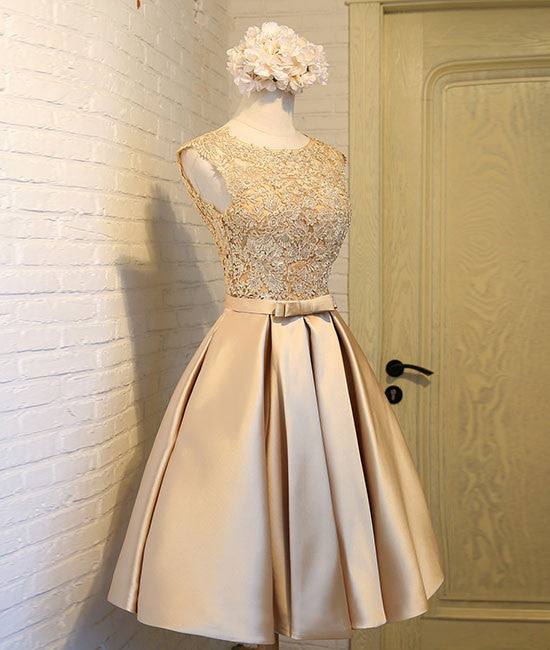 Champagne lace short prom dress, cute homecoming dress - RongMoon