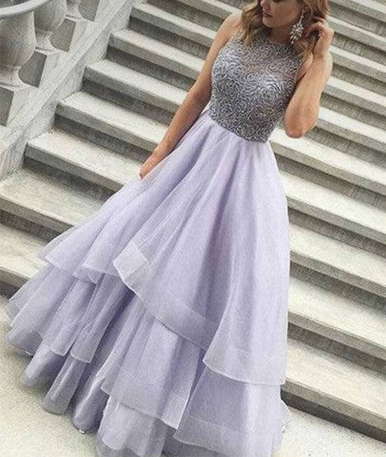 Cute round neck sequin long prom dress, tulle formal dress - RongMoon