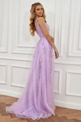 Off The Shoulder Lavender Appliques Prom Dress With Slit