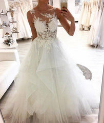 White round neck tulle lace long prom dress, white tulle wedding dress - RongMoon