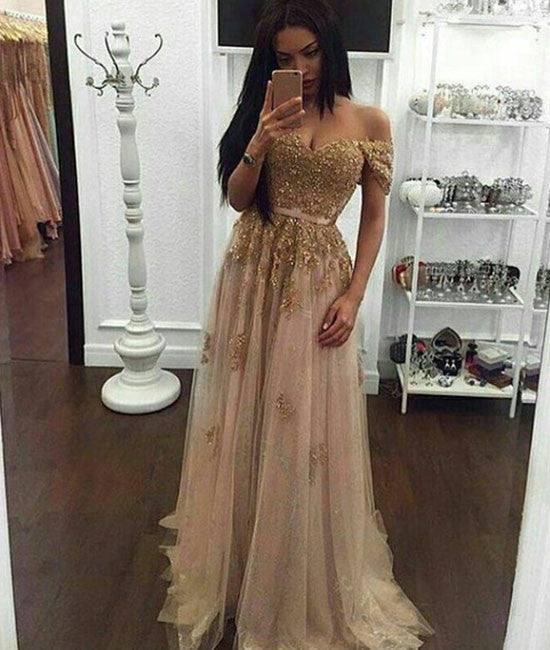 gold sequin lace off shoulder tulle long prom dress, evening dress - RongMoon