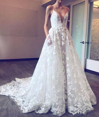 White v neck lace long prom dress, lace evening dress - RongMoon