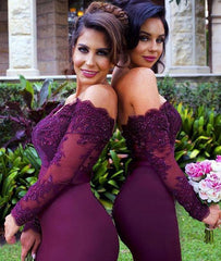 Unique maroon lace mermaid long prom dress, burgundy bridesmaid dress - RongMoon