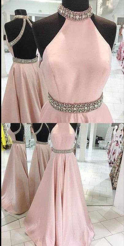 Pink high neck long prom dress, pink backless evening dress - RongMoon