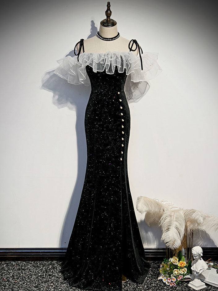 Black mermaid long prom dress, black evening dress - RongMoon
