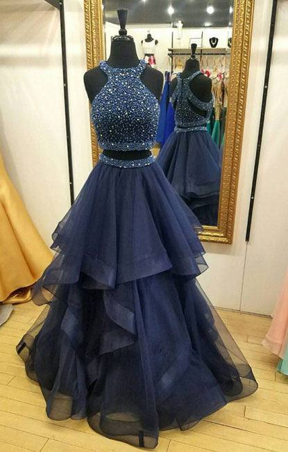 Dark blue two pieces beads long prom dress, formal dress - RongMoon