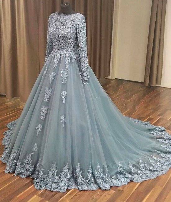 Gray tulle lace applique long prom dress, gray evening dress - RongMoon
