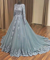 Gray tulle lace applique long prom dress, gray evening dress - RongMoon