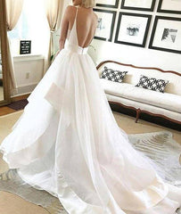 White tulle v neck long prom dress, white tulle evening dress - RongMoon