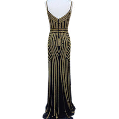 unique Golden Stripe Beading V Neck Long Mermaid Prom Evening Dresses