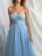 Aline Blue Short Prom Dresses, Sweetheart Neck Tulle Blue Homecoming Bridesmaid Dresses - RongMoon