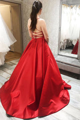 Simple red satin long prom dress red backless evening dress - RongMoon