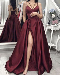 Spaghetti Straps V-neck Long Satin Split Prom Dresses