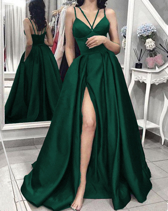 Spaghetti Straps V-neck Long Satin Split Prom Dresses