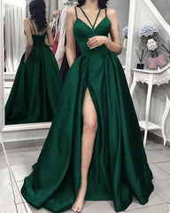 Spaghetti Straps V-neck Long Satin Split Prom Dresses