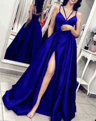 Spaghetti Straps V-neck Long Satin Split Prom Dresses