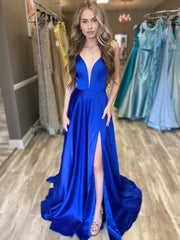 Simple blue v neck satin long prom dress, blue satin evening dress - RongMoon