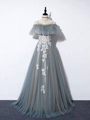 Gray blue tulle lace long prom dress, A line tulle long evening dress - RongMoon