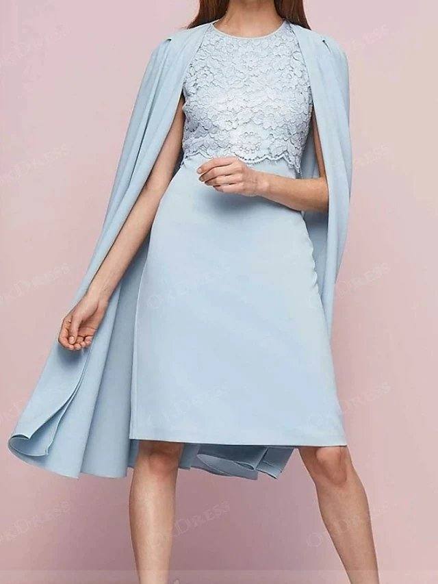Sheath / Column Mother of the Bride Dress Elegant Jewel Neck Knee Length Chiffon Lace Short Sleeve with Lace Appliques - RongMoon