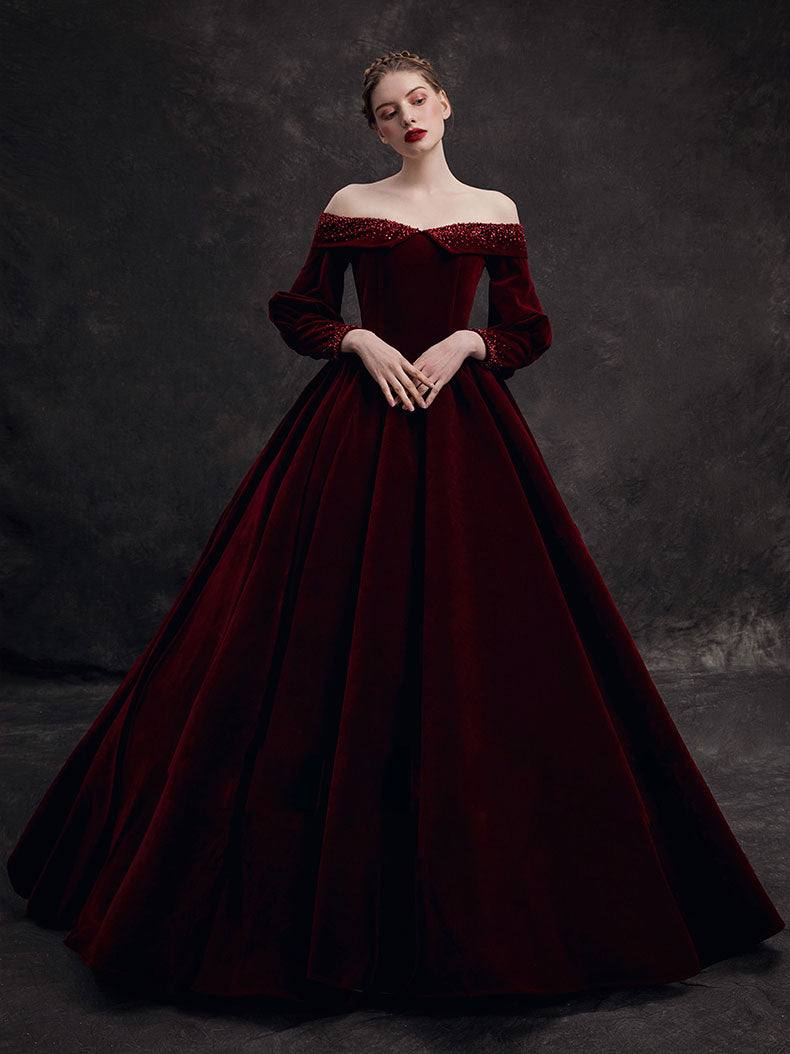 Burgundy velvet beads long prom dress, burgundy evening dress - RongMoon