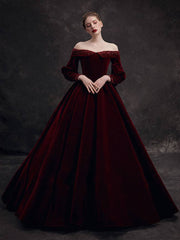 Burgundy velvet beads long prom dress, burgundy evening dress - RongMoon