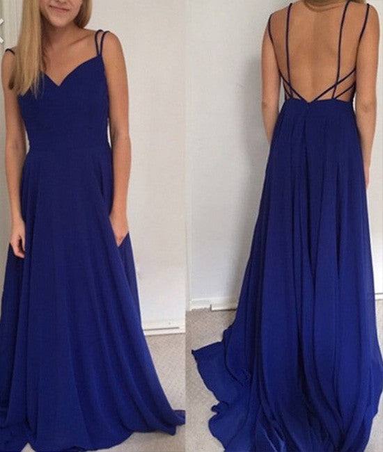 Simple Royal Blue long prom dress, backless evening dress - RongMoon