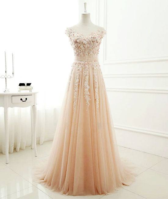 A-line round neck tulle lace long prom dress, evening dress - RongMoon