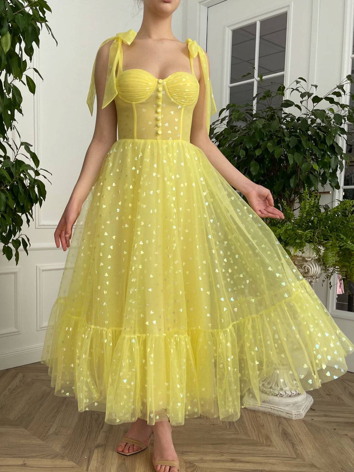 Yellow sweetheart neck tulle short prom dress, yellow evening dress - RongMoon