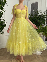 Yellow sweetheart neck tulle short prom dress, yellow evening dress - RongMoon