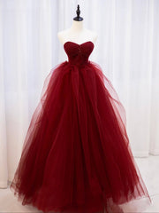 Burgundy off shoulder tulle lace long prom dress burgundy formal dress - RongMoon