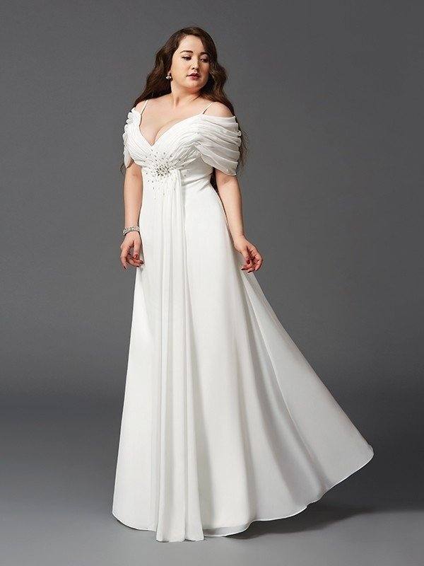 A-Line/Princess Off-the-Shoulder Ruched Short Sleeves Long Chiffon Plus Size Dresses - RongMoon