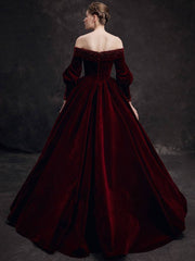 Burgundy velvet beads long prom dress, burgundy evening dress - RongMoon