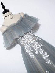 Gray blue tulle lace long prom dress, A line tulle long evening dress - RongMoon