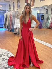 Simple red v neck satin long prom dress, red evening dress - RongMoon