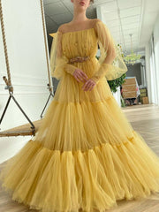 Yellow round neck tulle beads long prom dress, yellow evening dress - RongMoon