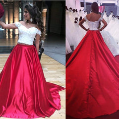 White Lace Crop Long Satin Two Piece Prom Dresses