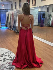 Simple red v neck satin long prom dress, red evening dress - RongMoon