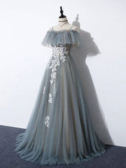 Gray blue tulle lace long prom dress, A line tulle long evening dress - RongMoon