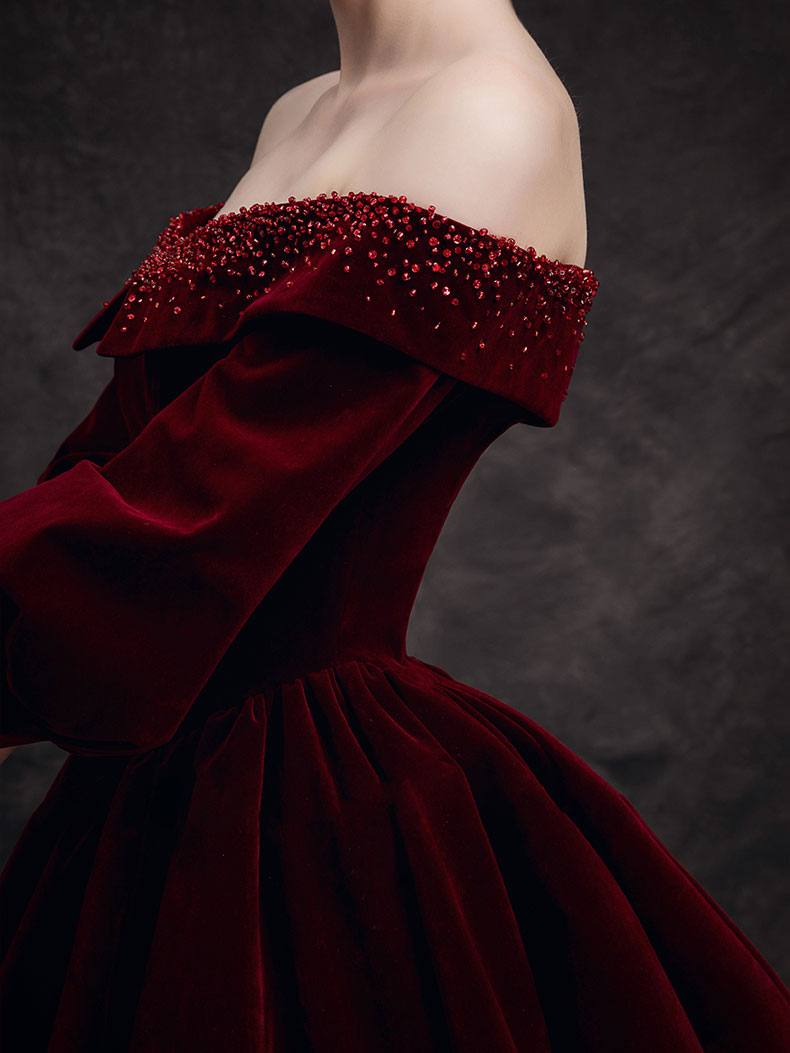 Burgundy velvet beads long prom dress, burgundy evening dress - RongMoon