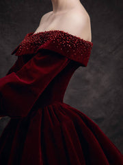 Burgundy velvet beads long prom dress, burgundy evening dress - RongMoon
