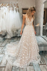 Champagne v neck tulle lace long prom dress champagne evening dress - RongMoon